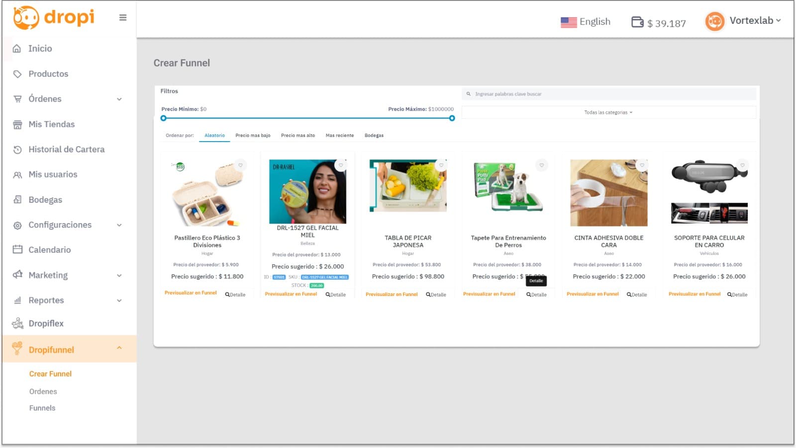 Dropi Funnel project interface